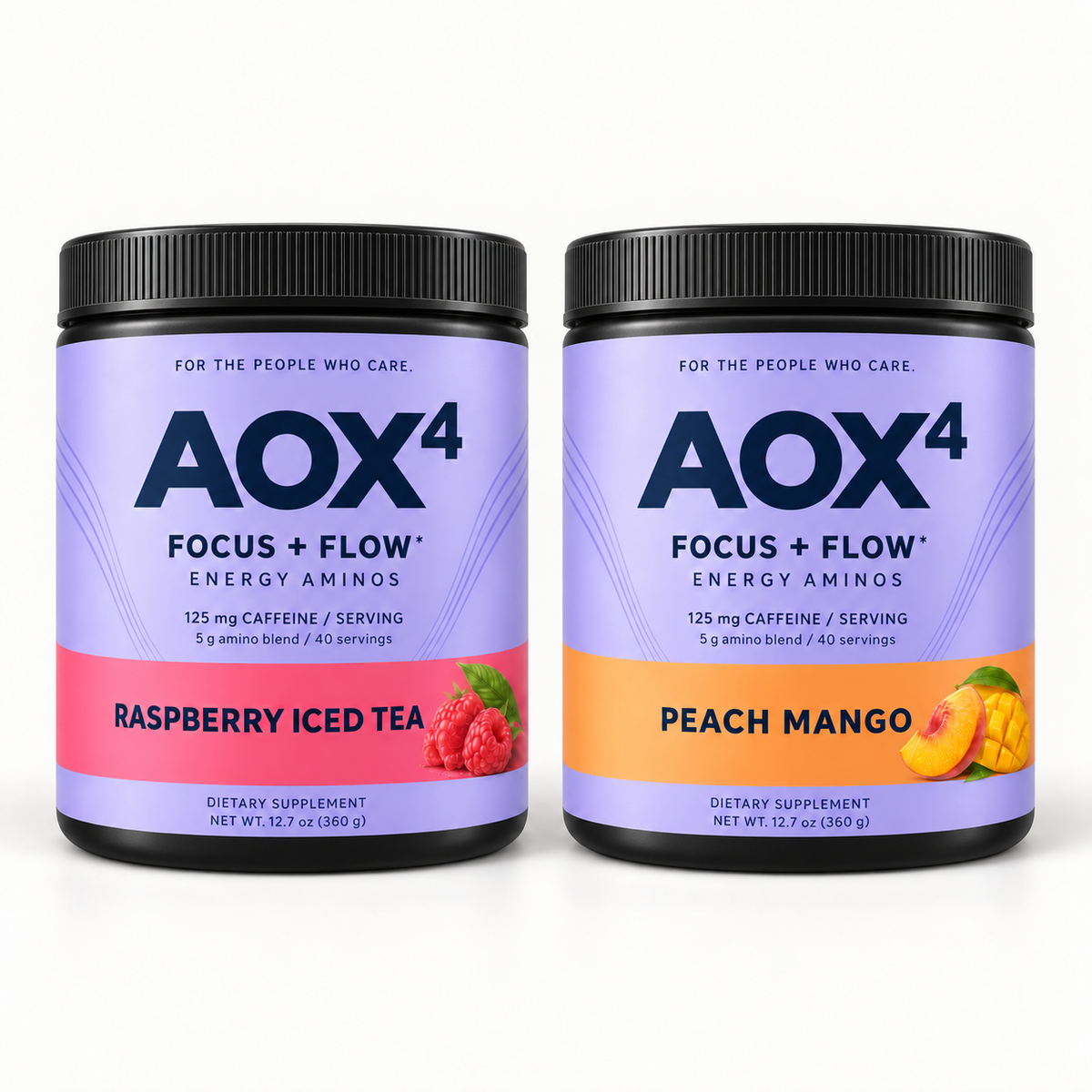 AOX4 Focus + Flow black tubs with lavender labels, Raspberry Iced Tea and Peach Mango packaging mockup