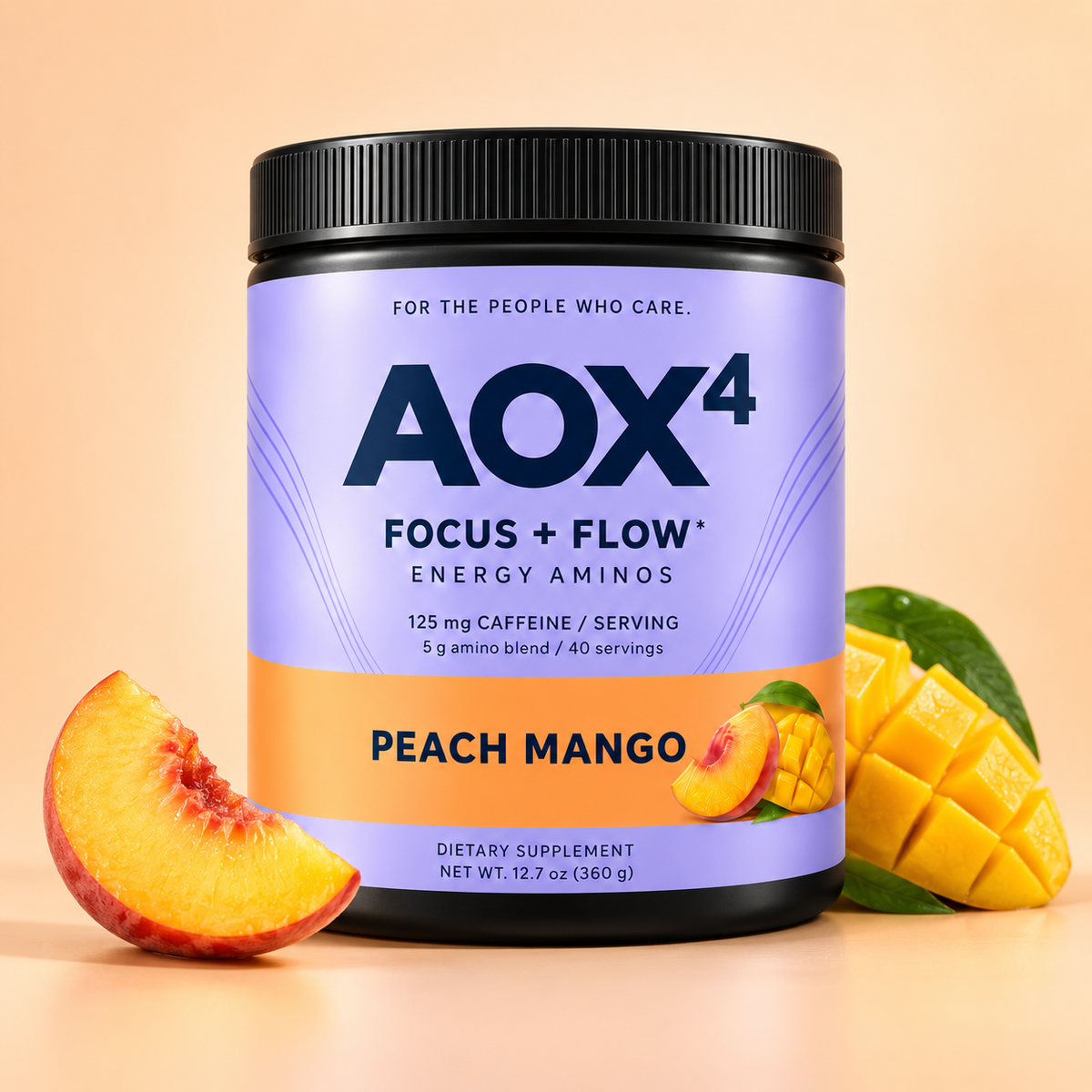 AOX4 Peach Mango black tub with lavender label and peach mango flavor styling