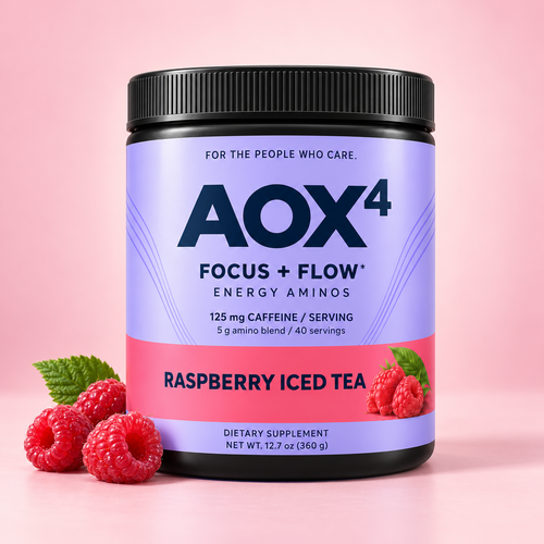AOX4 Raspberry Iced Tea black tub with lavender label and raspberry flavor styling